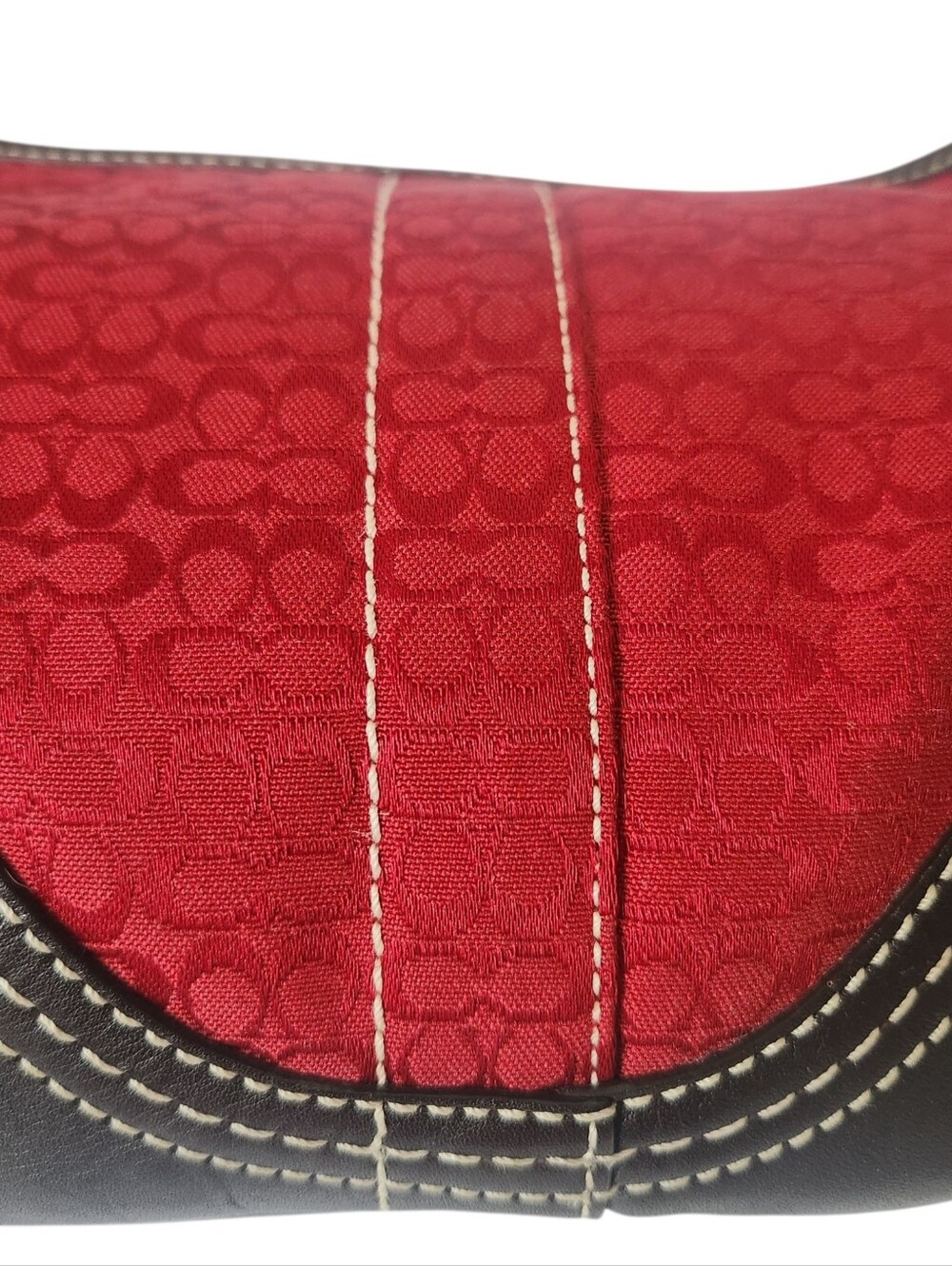 VGC COACH D062-2154 Signature Jacquard Shoulder Bag Red Y2K Brown Leather - Picture 3 of 12